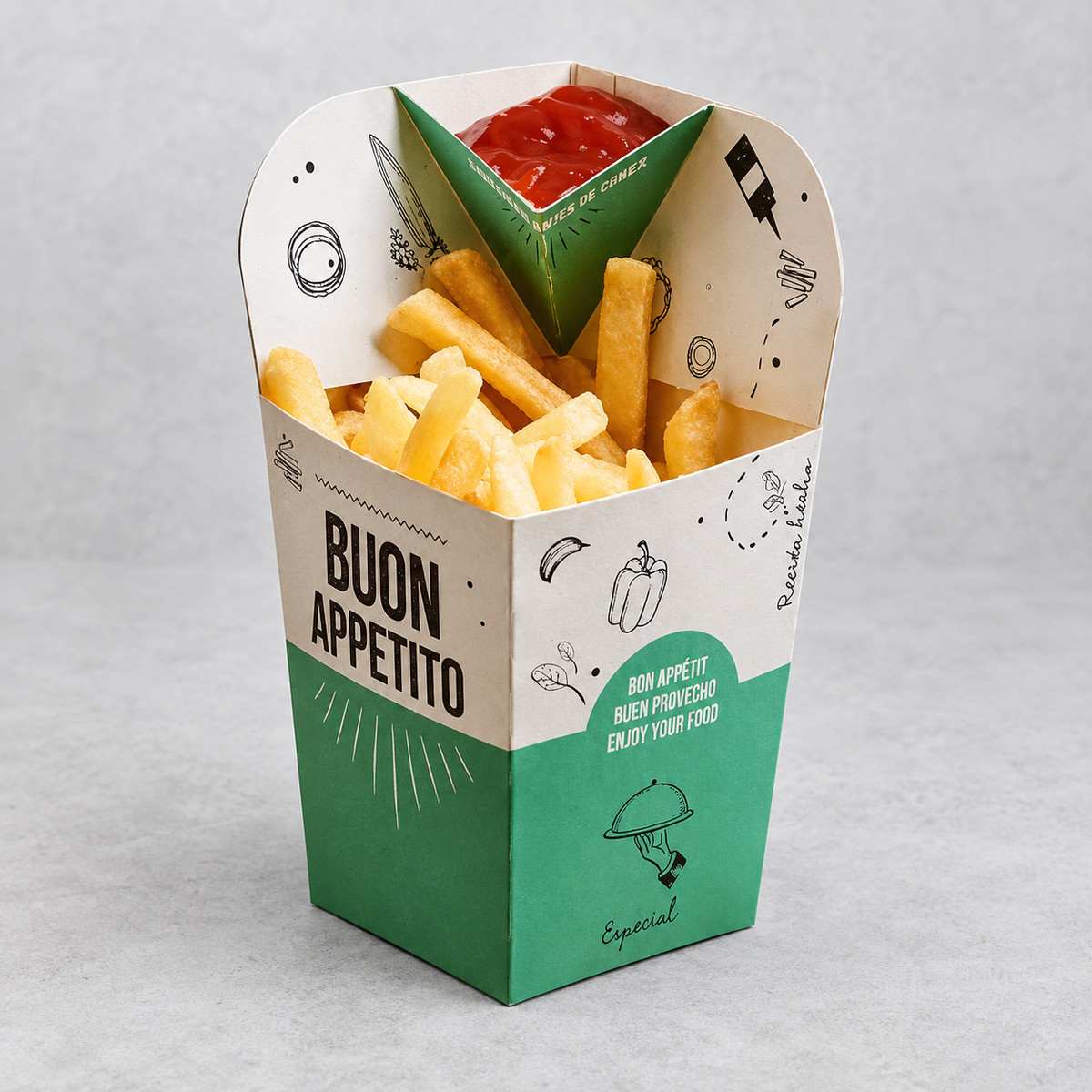 Contenedor de papas fritas con dipper impreso - Pack x100 unidades