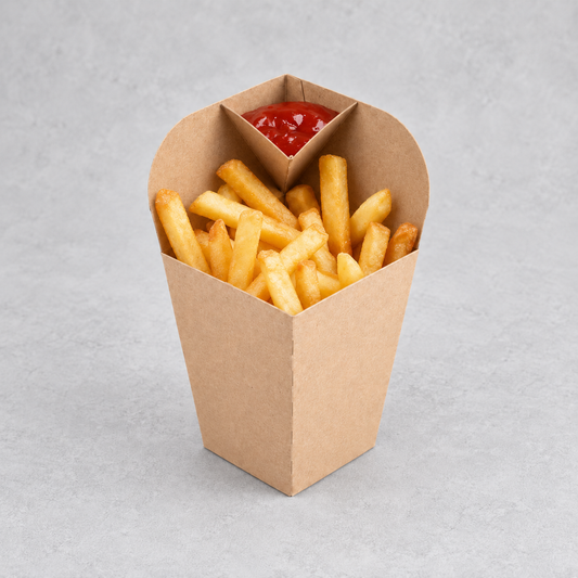 Contenedor de papas fritas con dipper de cartón kraft - Pack x100 unidades