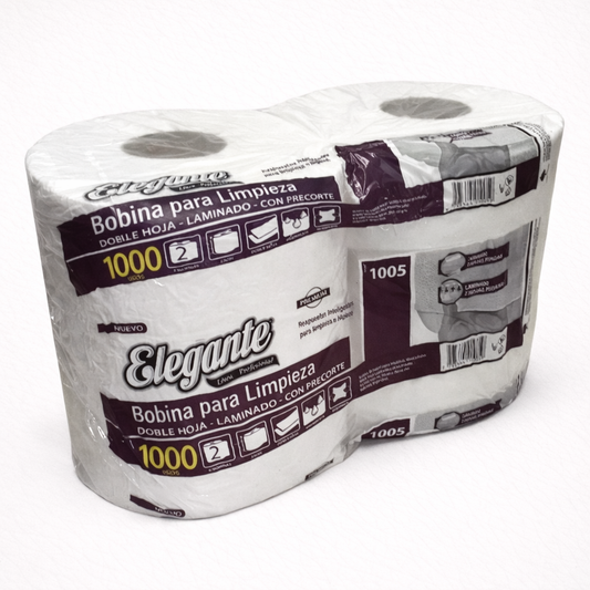 Rollo papel tissue doble hoja Elegante - Pack rollos x1000 paños x2 unidades
