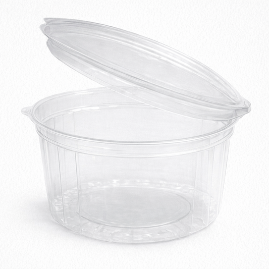 Pote PET descartable con tapa bisagra - Pack x 100 unidades
